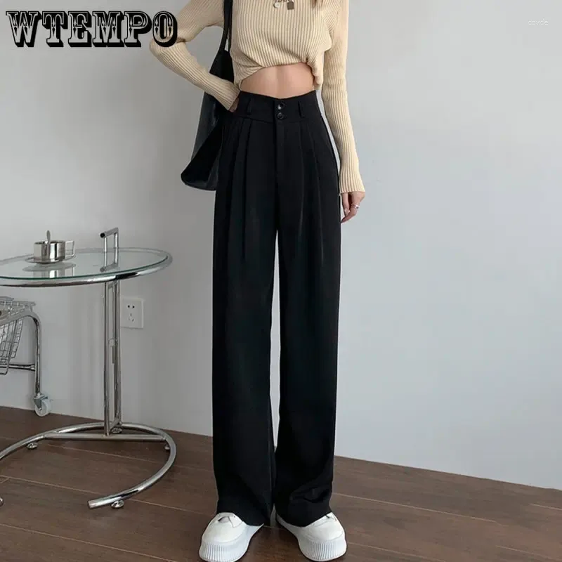 Pantalon Femme WTEMPO Femmes Costume Boutons Noir Pantalon Large Jambe Vintage Street Wear Coréen Mode Bureau Femme Travail Bas En Gros