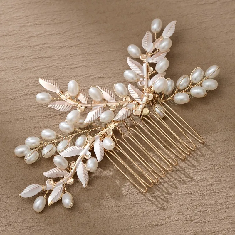 Mode Haarkam Bruid Tiara Gouden Blad Parel Haarspeld Clips Voor Vrouwen Luxe Marrige Kroon Bruiloft Haaraccessoires Sieraden