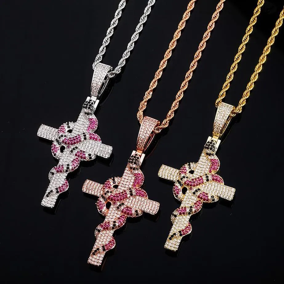 Designer de jóias de luxo gelado fora pingente mens cruz colar hip hop bling rapper jewlery corda de aço inoxidável corrente cobra homens acc217d