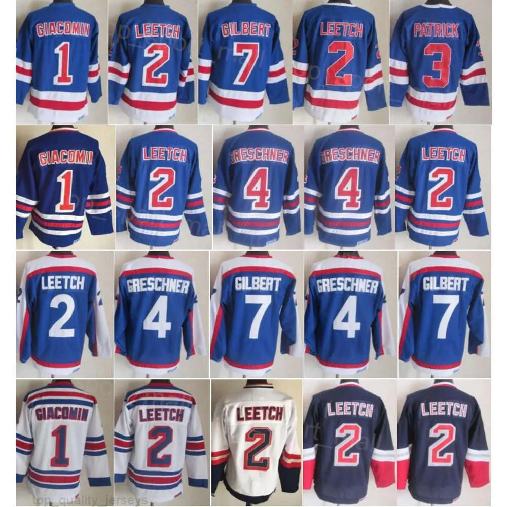 Homem Retro Hóquei 2 Brian Leetch Jerseys Vintage Clássico 1 Eddie Giacomin 3 James Patrick 4 Ron Greschner 7 Rod Gilbert 91-92 75º Aniversário Ponto Azul Branco