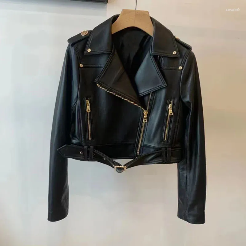 Women's Leather Women Turn-down Collar Real Natural Sheepskin Motor-biker Jacket Long Sleeve Short Length With Belt Spring Autumn Warm Coat