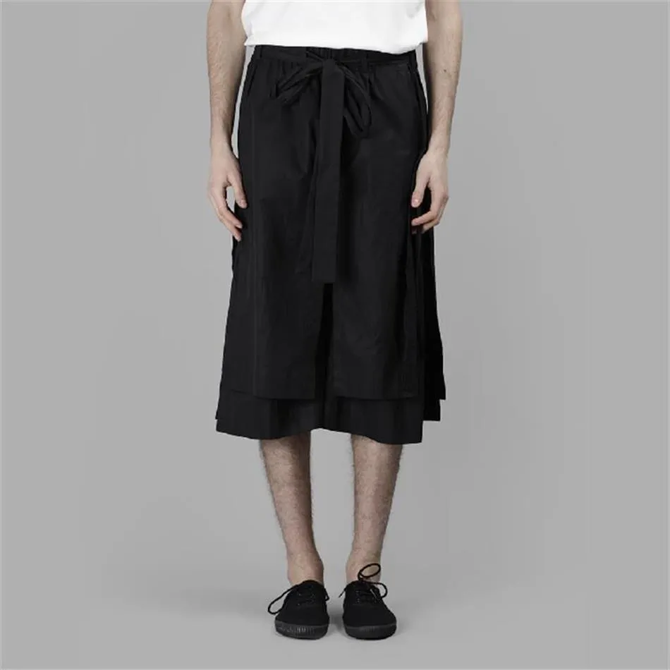 Men's Shorts Multi-layer Streamer Irregular Niche Design Skirt Hem Japanese Lace Seven-point Tie Wide Leg Pants251i