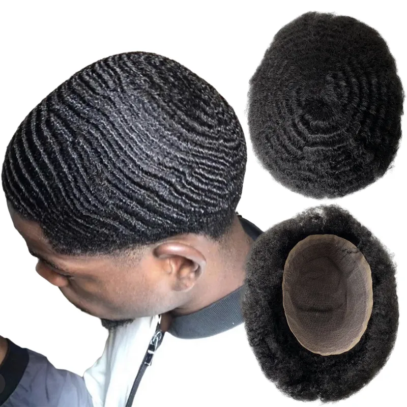 Full Lace Afro Kinky Krullend Pruik 8x10 Inch Maleisische Maagd Menselijk Haar Stuk 8mm Afro Wave Toupet Full Lace Unit voor zwarte mannen