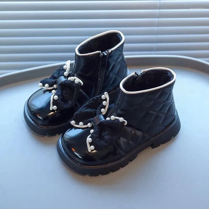 Stiefel Kinder Leder mit Schleife Schuhe Herbst Winter Mädchen süße Perle kurze Kinder Baby wasserdichte Knöchel