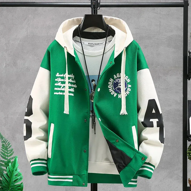 Baseball Jacket Mens Spring Hooded Varsity Coat, Harajuku