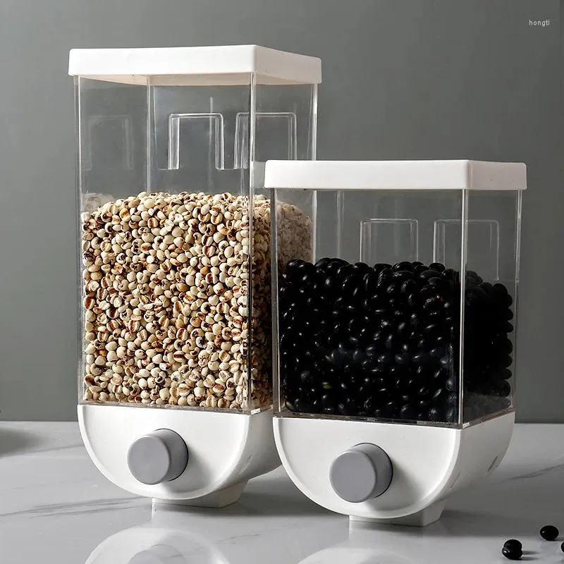 Lagringsflaskor transparent kök torr matlåda väggmonterad spannmål dispenser enkel press container plastkornarrangör