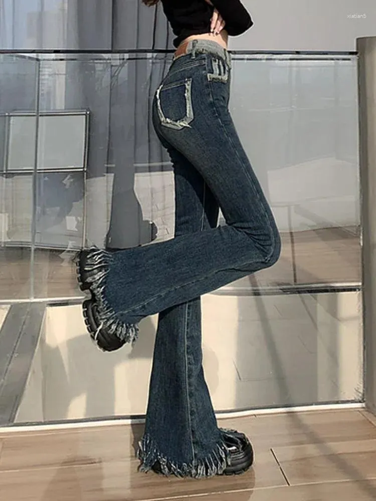 Jeans femininos inverno azul vintage mulheres cintura alta y2k chique casual flare calças femininas moda coreana borla designer denim 2023