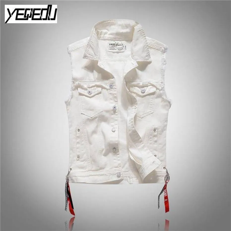 # 3409 2018 Punk Slim Mode Blanc denim gilets hommes Sans Manches jean veste hommes Streetwear Gilet homme Biker jeans Gilet M-3XL231d