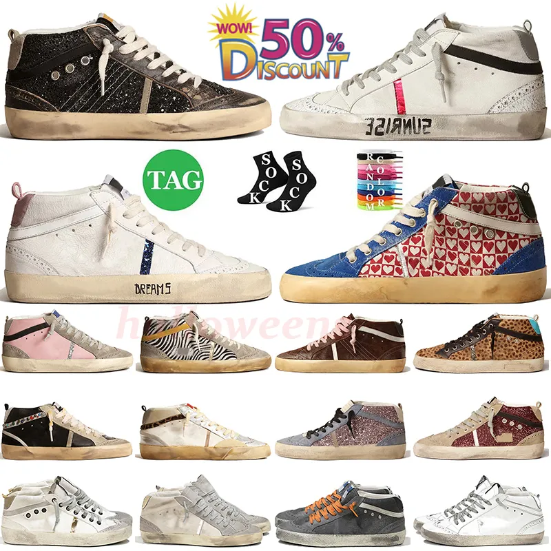 Großhandel Damen Herren Freizeitschuhe Glitzer Goosly Flash Gold Nieten Leopardenmuster Ponyfell Plateau Skat Mid Star Designer Sneakers Leder Wildleder Sporttrainer