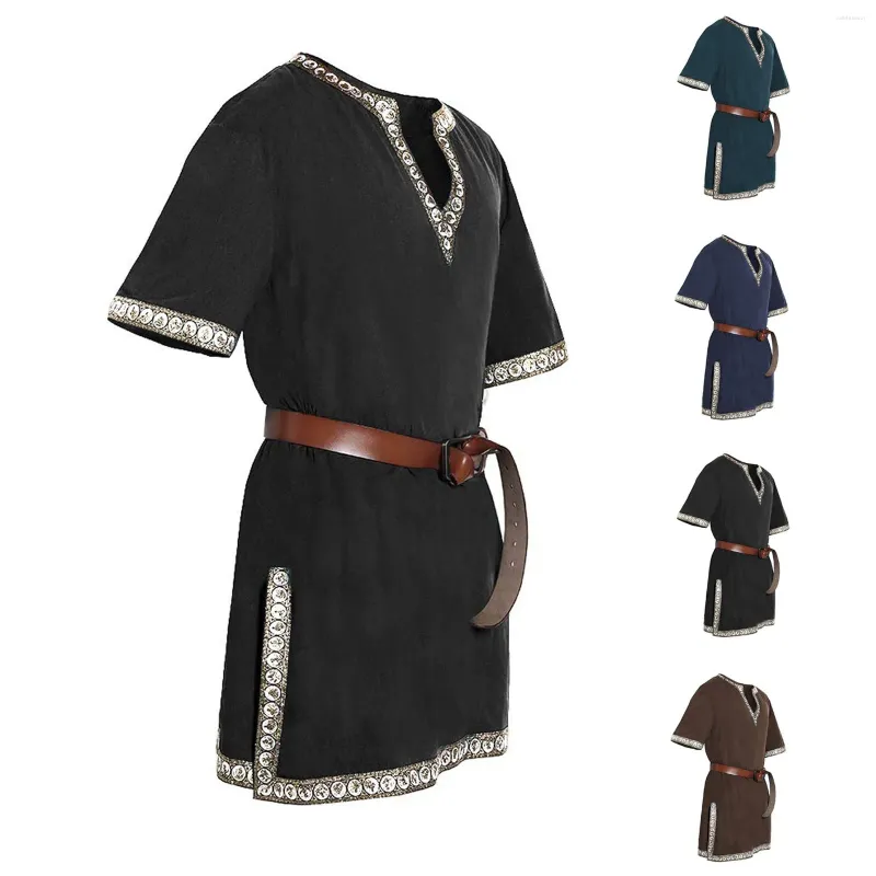 Men Medieval Knight Warrior Costume V Neck Vintage Tunic Clothing Long Tops Short Sleeves Loose Cosplay Renaissance Blouse