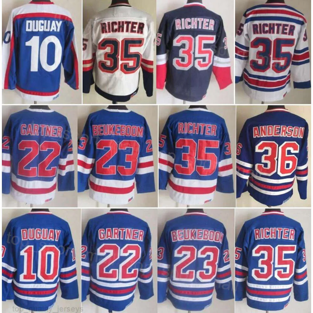 MAN RETRO HOCKEY 35 Mike Richter Jerseys Vintage 10 Ron Duguay 22 Mike Gartner 23 Jeff Beukeboom 36 Glenn Anderson 91-92 75th Anniversary Retire CCM Embroidery Team