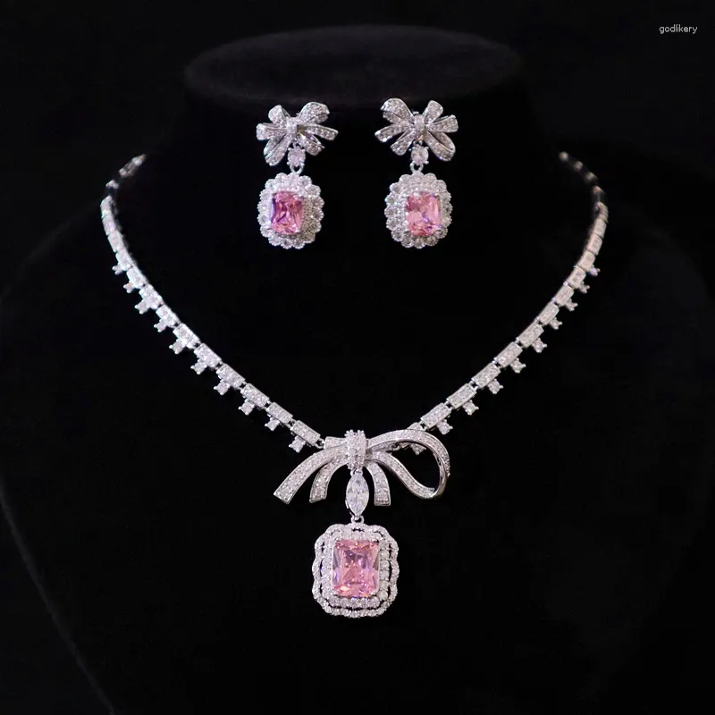 Kedjor Cherry Blossom Pink Gemstone Pendant Halsband örhängen Set Bridal Wedding Accessories