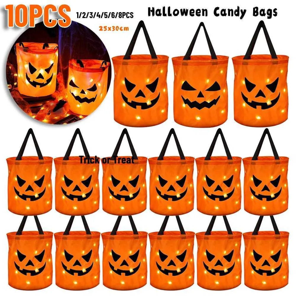 Trick or Treat LED Light Halloween Pumpkin Candy Bags Hucket Collapsible Basket For Thanksgiving Party Gift 220923