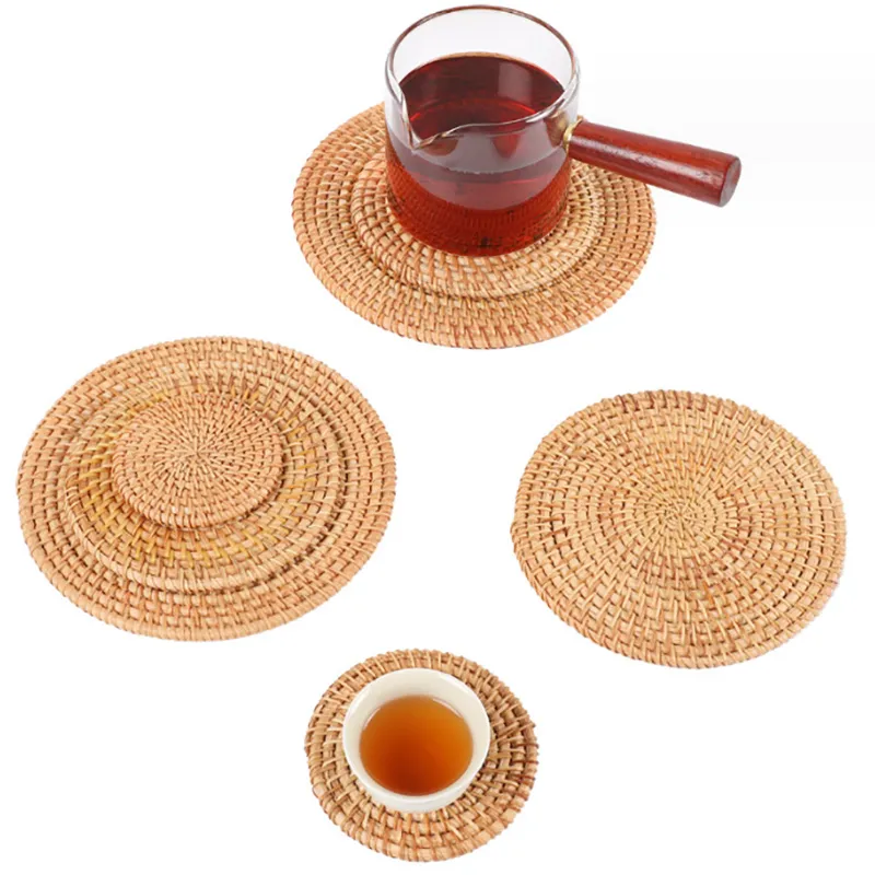 Natural Hand-woven Round Placemat Anti-slip Dining Table Mat Bowl Pads Drink Cup Holder Kitchen Decoration Accessories