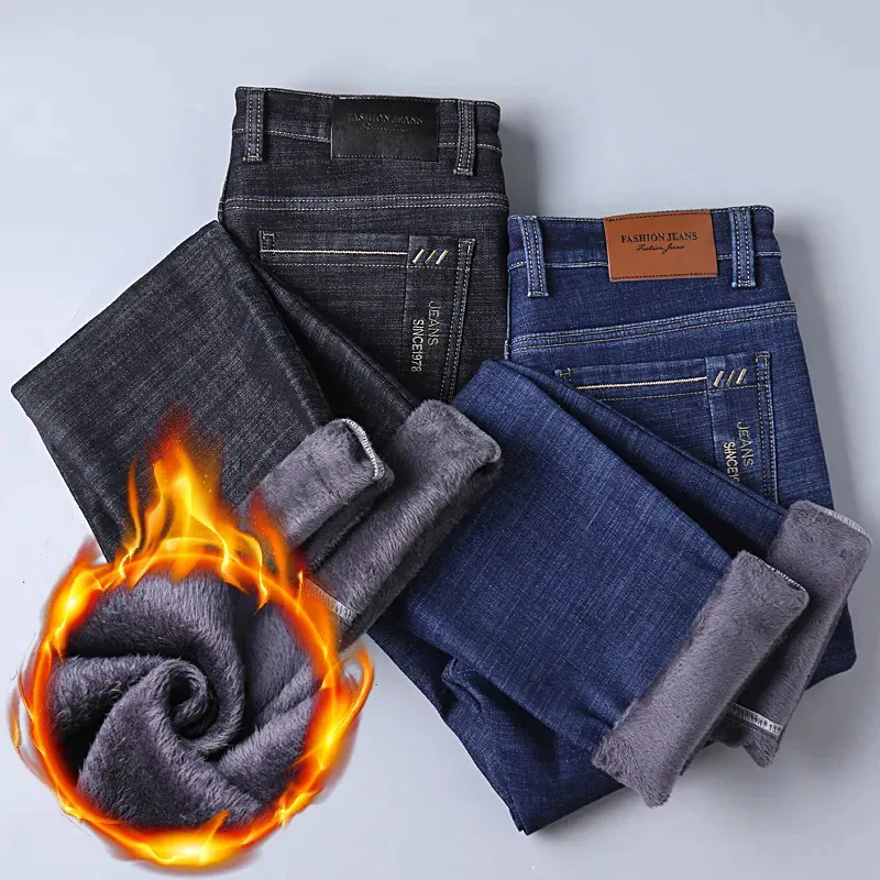 Jeans da uomo inverno termico caldo flanella elasticizzato qualità famosa marca pantaloni in pile da uomo pantaloni dritti floccati Jean maschio 231019