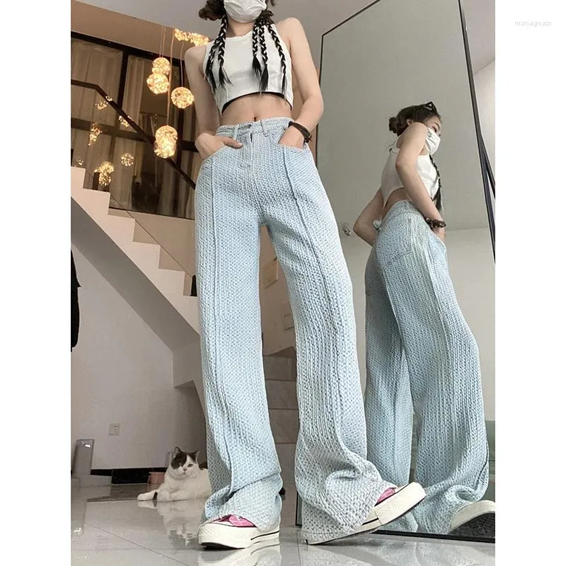 Jean femme Vintage bleu clair taille haute femme ample pantalon large pantalon épissage jambe droite longue femme vêtements