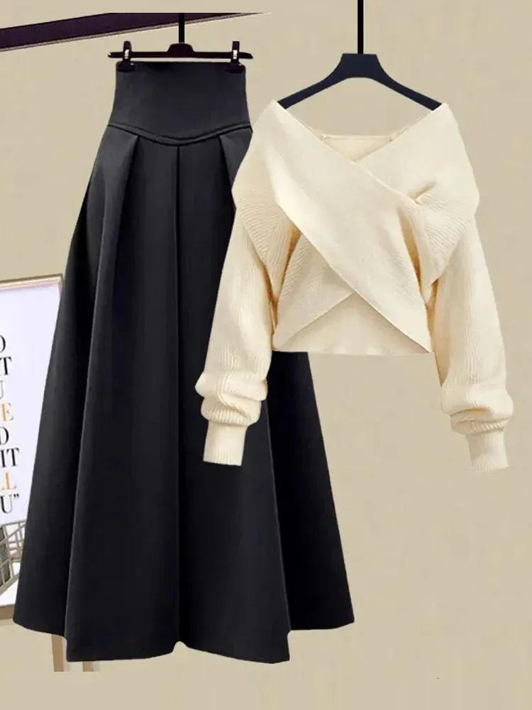 Two Piece Dress 2023 Autumn Winter Skirt Sets For Women Outfits Korean Casual Knitwears Pullover Sweater And High Waist Skirts 231018