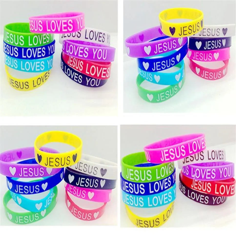 Hela 100st-parti-bogseringsstil Multi-färg Jesus älskar hjärtkilikonarmband manschett armband för man kvinnor247u