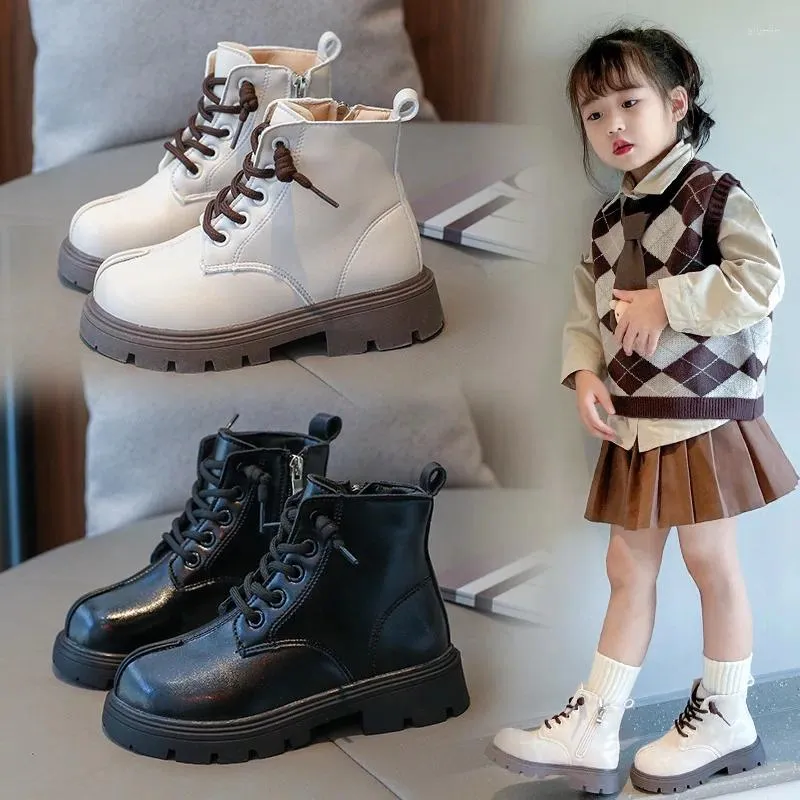 Boots CN 26-36 Children 2024 Autumn Winter Big Kids Motorcycle Hiking Riding Boys Leather Lace-up Girls Ankle