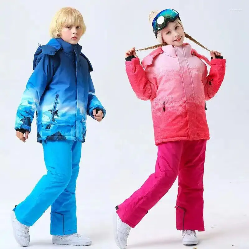 Frauen Trenchcoats Kinder Ski Anzug Kinder Snowboarden Schnee Warme Outdoor Tragen Junge Mädchen Mantel Strap Hosen Skifahren Kleidung