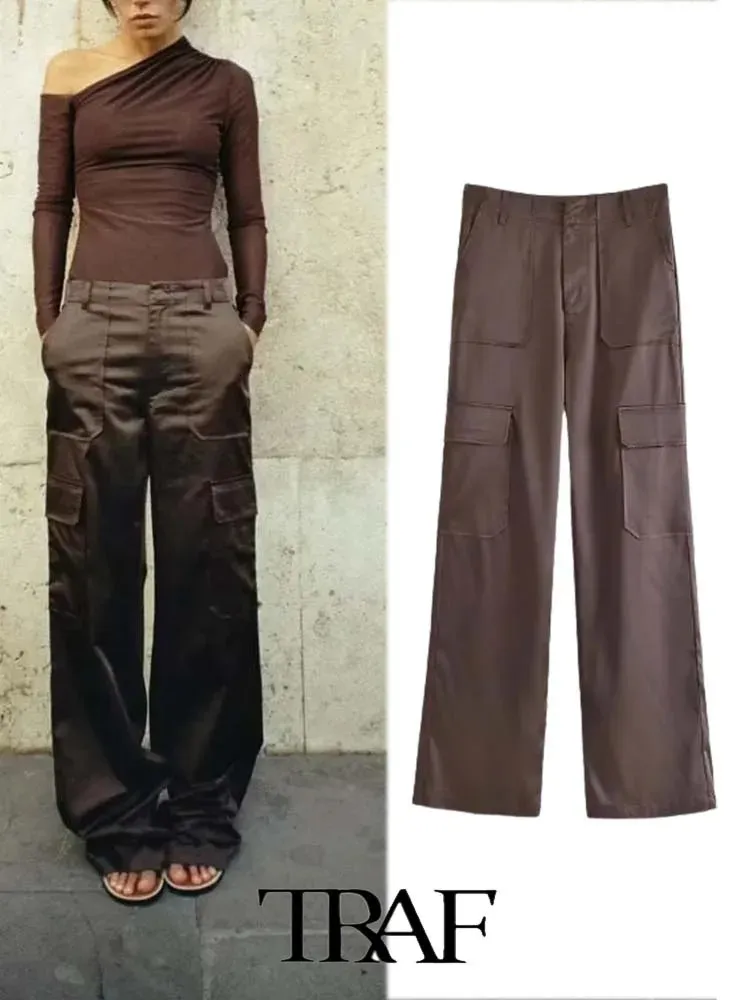 Pantaloni da donna s TRAF Donna 2023 Moda Solid Raso di seta Cargo ai polsini Pantaloni femminili Mujer 231018