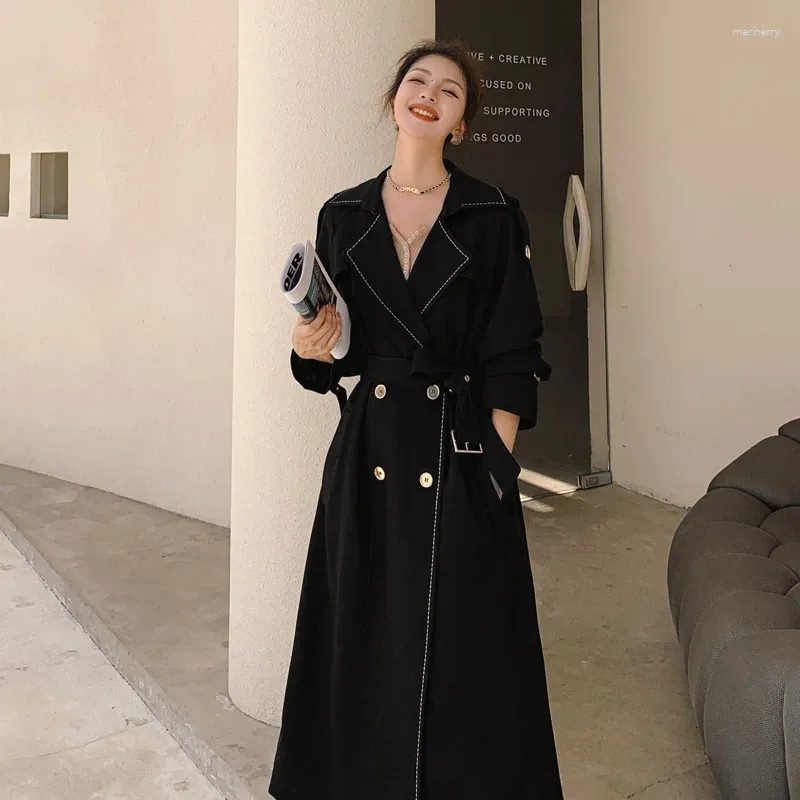 Women's Trench Coats Trendy Long Black Coat For Tall Women Elegant Autumn Overcoat In French Style