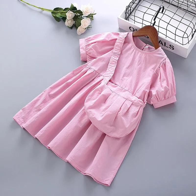 Girl Dresses 4-10 Years High Quality Summer Clothing 2023 Fashion Casual Solid Kid Children Dress With Bags