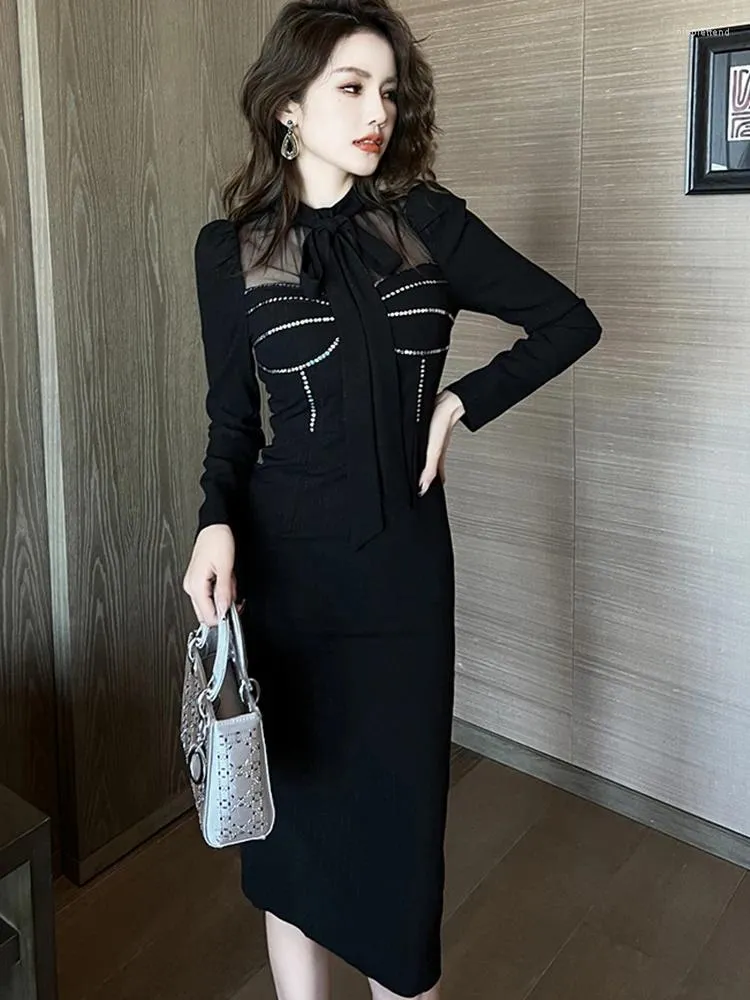 Casual Dresses Spring Midi For Women 2023 Elegant Fashion Black Slim Fit Dress Bow Bandage Robe Party Feast Office Lady Clothes Vestido