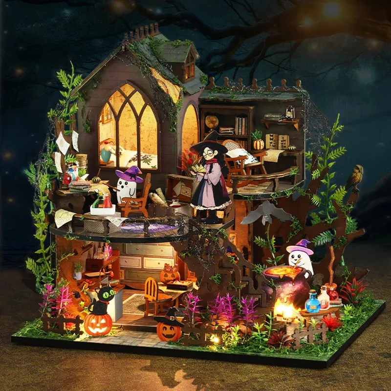 Accessoires de maison de poupée bricolage maisons de poupée en bois kits de construction miniatures avec meubles Magic Cottage Casa maison de poupée assemblée pour filles cadeaux d'anniversaire 231018