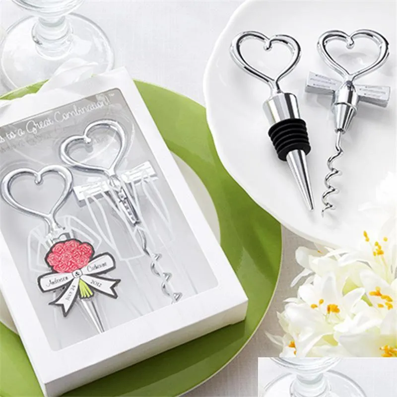 Party Favor Love Heart Shape Wine Corkrew Bottle Opener Stopper Set Wedding Souvenirs Gäster GIFT GIVEAWAYS EEA196 Drop Leverans DH9TQ