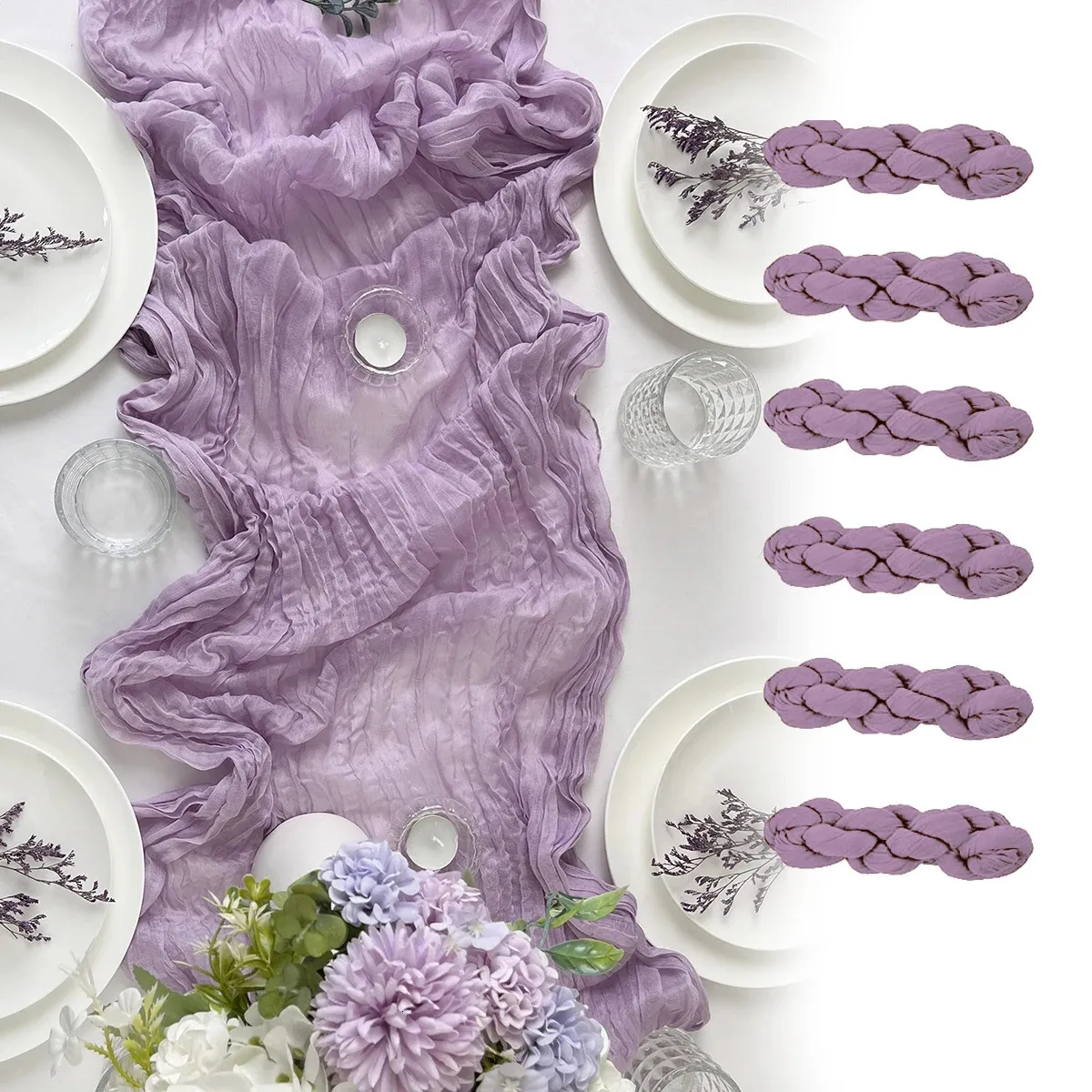 Bordslöpare 6st Semi-Sheer Gace Wedding Table Runner Purple Cheesecloth Table Seting Dining Party Christmas Bankets Arches Cake Decor 231019