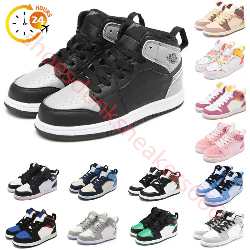 Spädbarn 1s Jumpman 1 Kids Black White Basketball Shoes Toddler Light Smoke Grey Game Royal Obsidian Bred Athletic Sneakers Multi-Color Tie-Dye Outdoor Size 24-37
