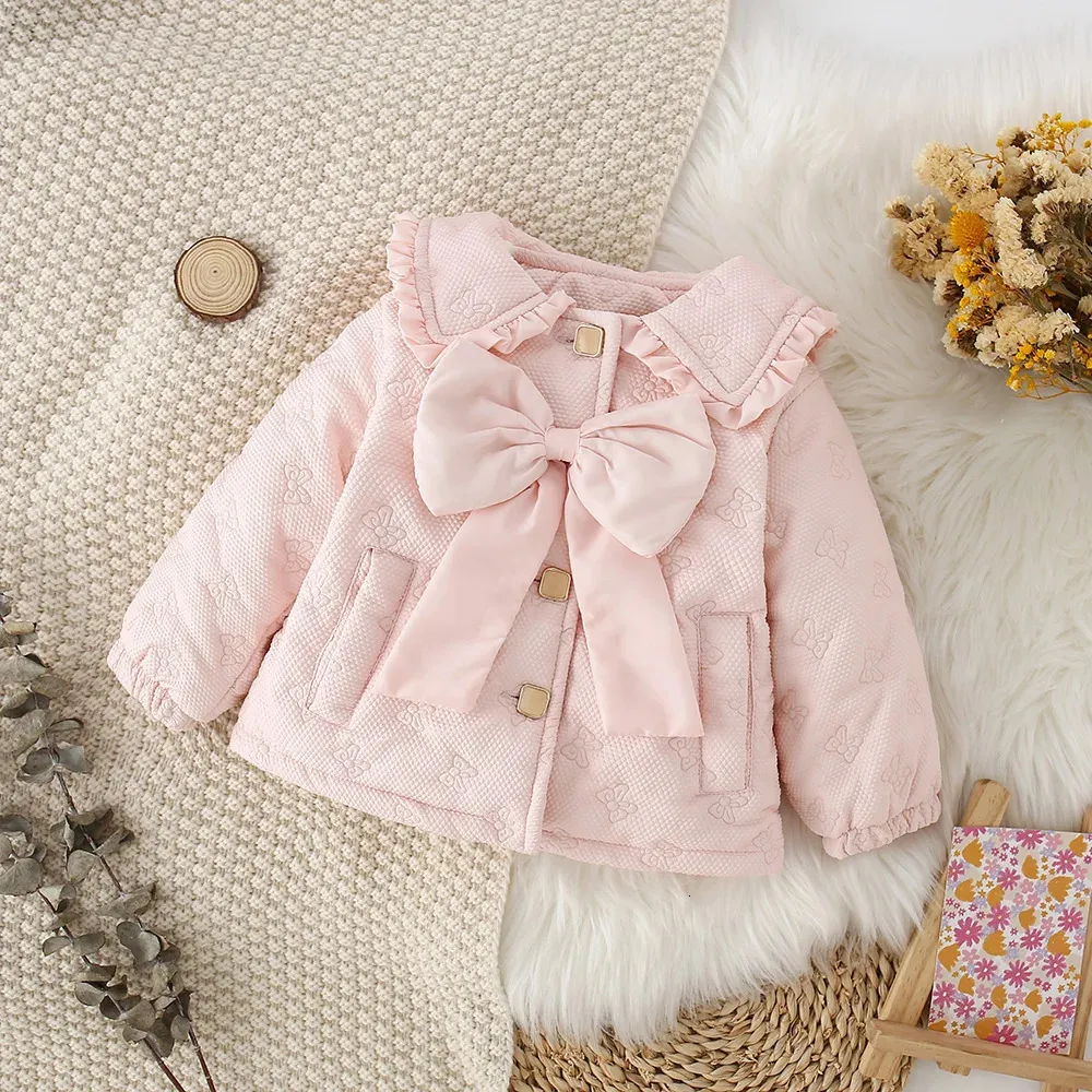 Down Coat Winter Girls 'Coat Bow Brodery Solid Color Baby Thicked Jacket Flip Collar Girls' Cotton Coat Big Bow Children's Clothing 231020