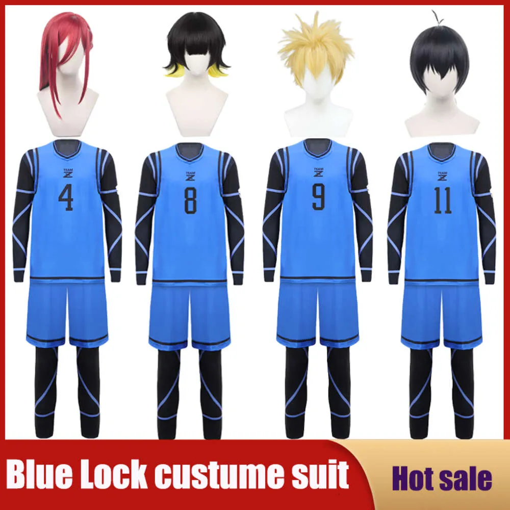 Cosplay azul bloqueio anime cosplay traje camisa clube de futebol uniforme esportivo peruca macacões colete shorts roupas de festa de halloween presente