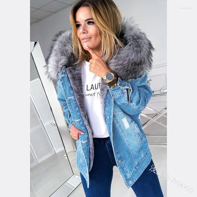 Women's Winter Denim Jacket with Fur Hood, Thick Long Sleeve Overcoat, Plus Size Outwear Top Jeans, XS-5XL Women's Winter Denim Jacket with Fur Hood, Thick Long Sleeve Overcoat, Plus Size Outwear Top Jeans, XS-5XL