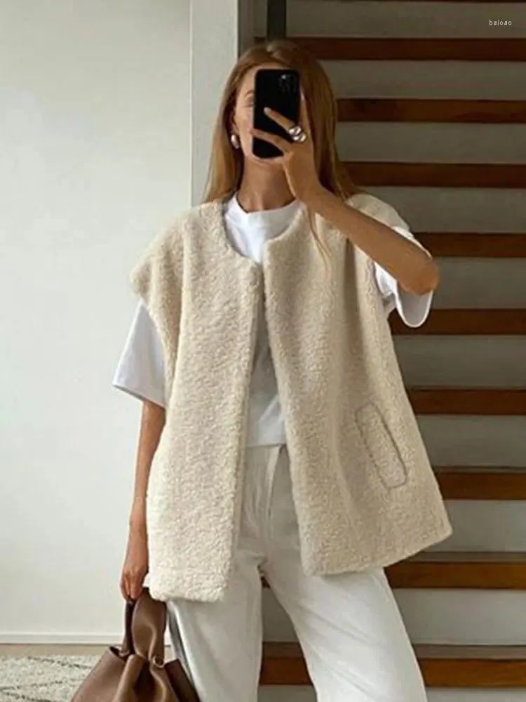 Coletes femininas sólido colete de pelúcia colete jaqueta retro manga cardigan casaco para mulheres 2023 outono inverno bolso lã cashmere tanque feminino