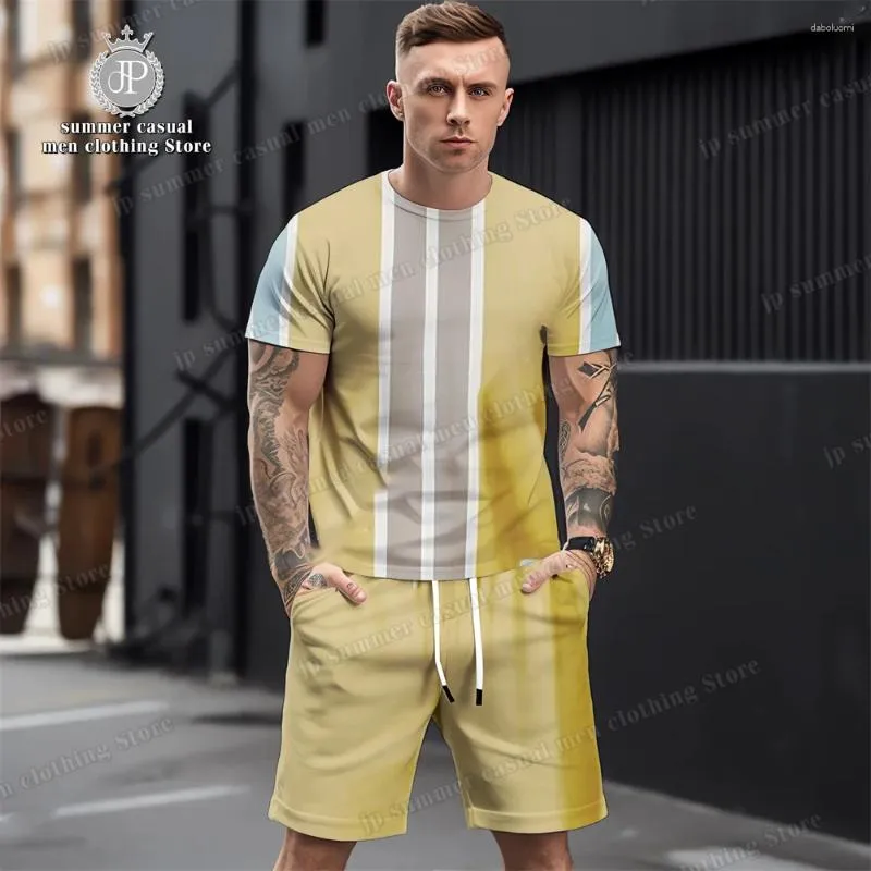 Men's Tracksuits 2023 Casual Short Sleeved T-shirt Set Fashion 3D Stripe Printed Street Clothing 2 Piece Suit Summer Tracksuit