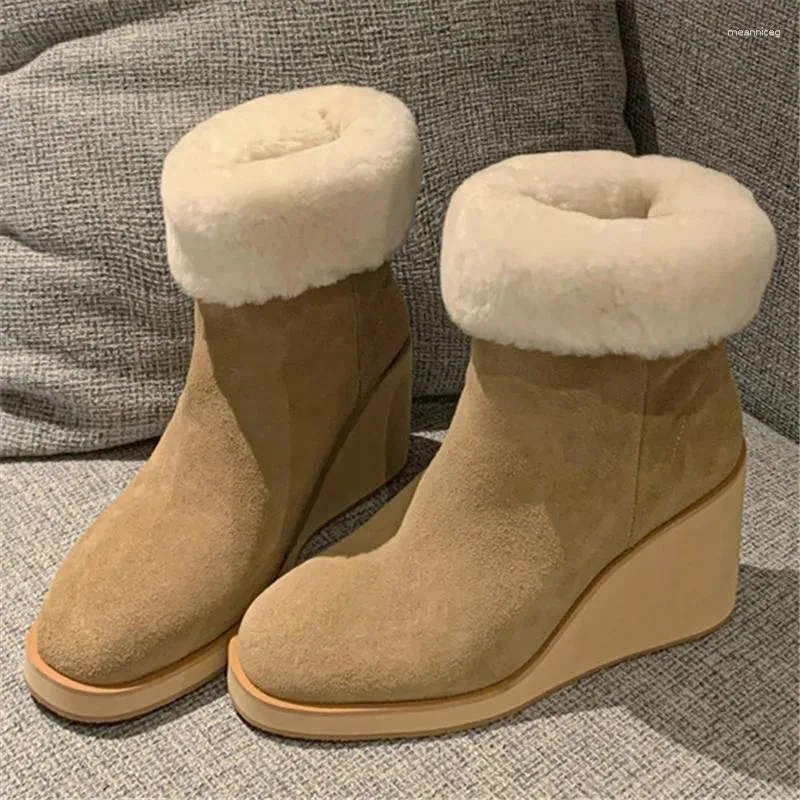 Boots Cow Suede Wool Round Toe Women Snow Wedges Thick Sole Solid Slip On High Heels Winter Fashion Concise Warm Female Shoes
