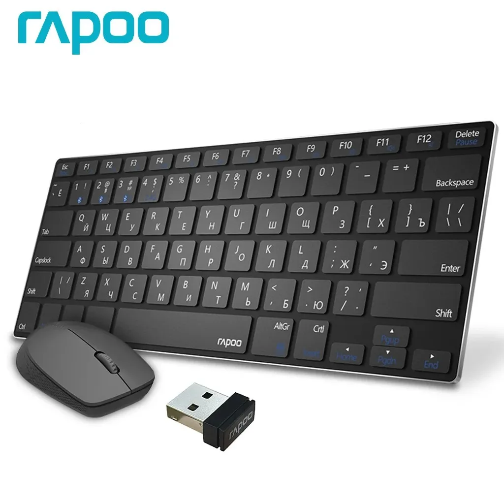 Tangentbordsmuskombinationer Rapoo 9000m mini Multi -läge Silent Wireless Alloy Base Optical Combo Anslut till 3 enheter Engelska ryska layout 231019