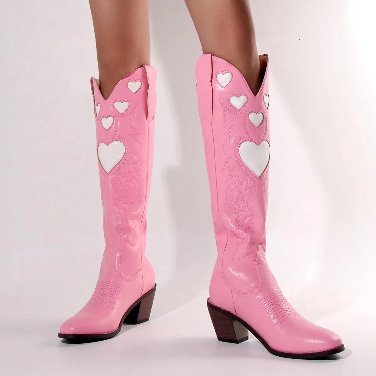 DHgate.com:Womens Pink PU Leather Cowboy Boots with Heart