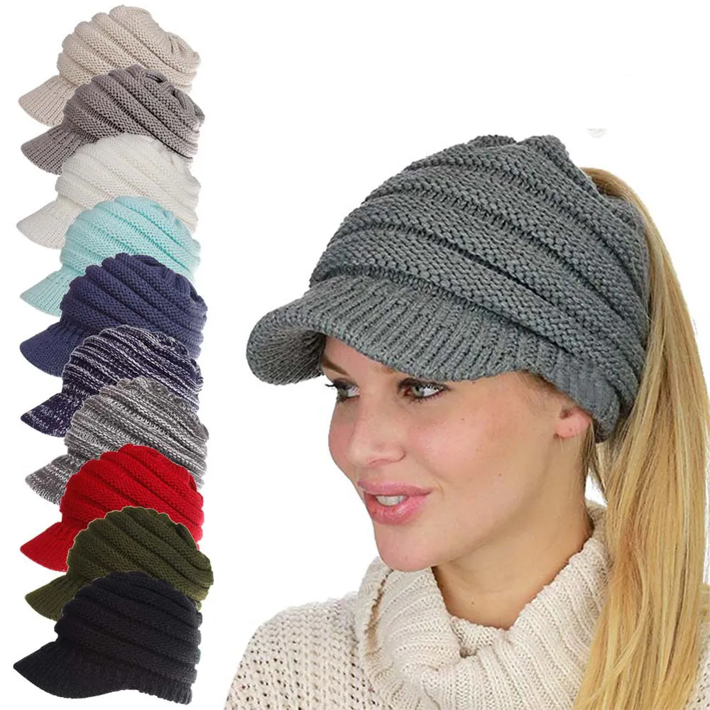 Female Beanie Tail Hat Warm Knit Messy High Bun Ponytail Visor Beanie Cap For Winter 12 Colors M259V