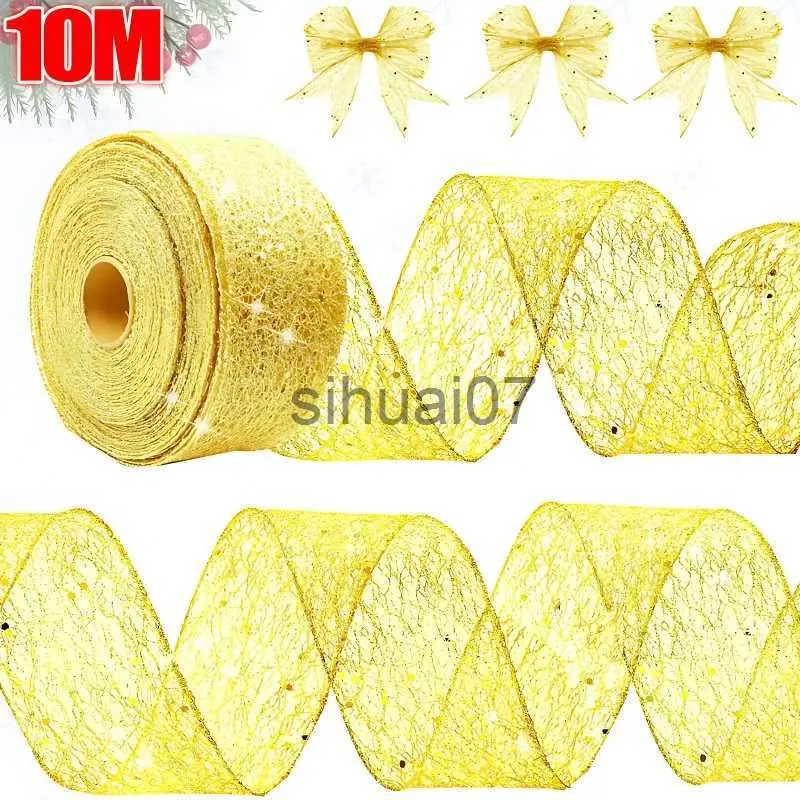 Christmas Decorations 10M Christmas Ribbon Bronzing Ribbon Hollow Out Shiny Gold Ribbon Christmas Gift Packaging Tape Wedding Christmas Tree Decor x1020