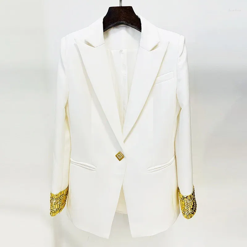 Kadınlar Suits Lüks Özelleştirilmiş Tek Düğmeler Ağır Altın Metal Pullu Boncuklu Kadınlar Beyaz Ceketler Giyin