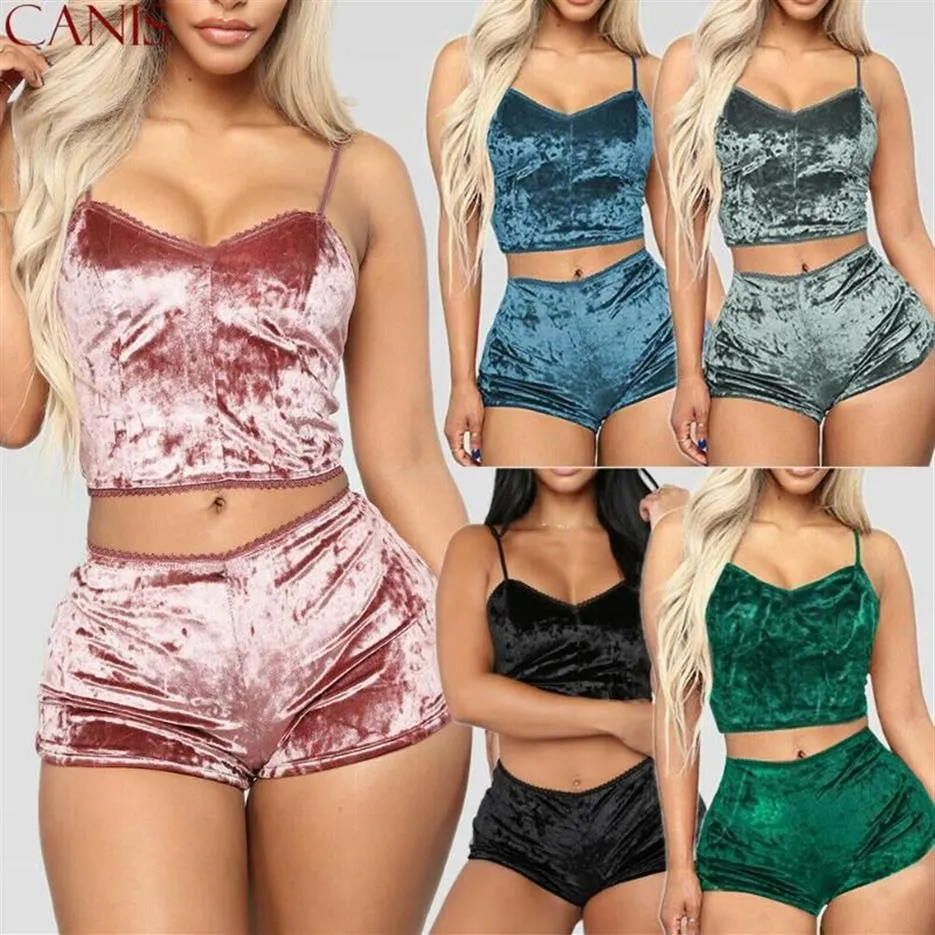 Vêtements de nuit pour femmes Sexy femmes 2 pièces Lingerie velours col en V pyjamas ensemble chemise shorts vêtements de nuit plus taille 266c