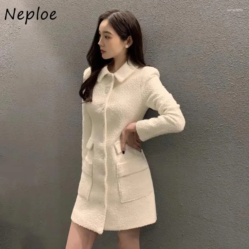 Casual Dresses Neploe 2023 Autumn Winter French Small Fragrance Style Vestidos Femme Lapel Single Breasted Pocket Slim Fit Wrap Hip Dress