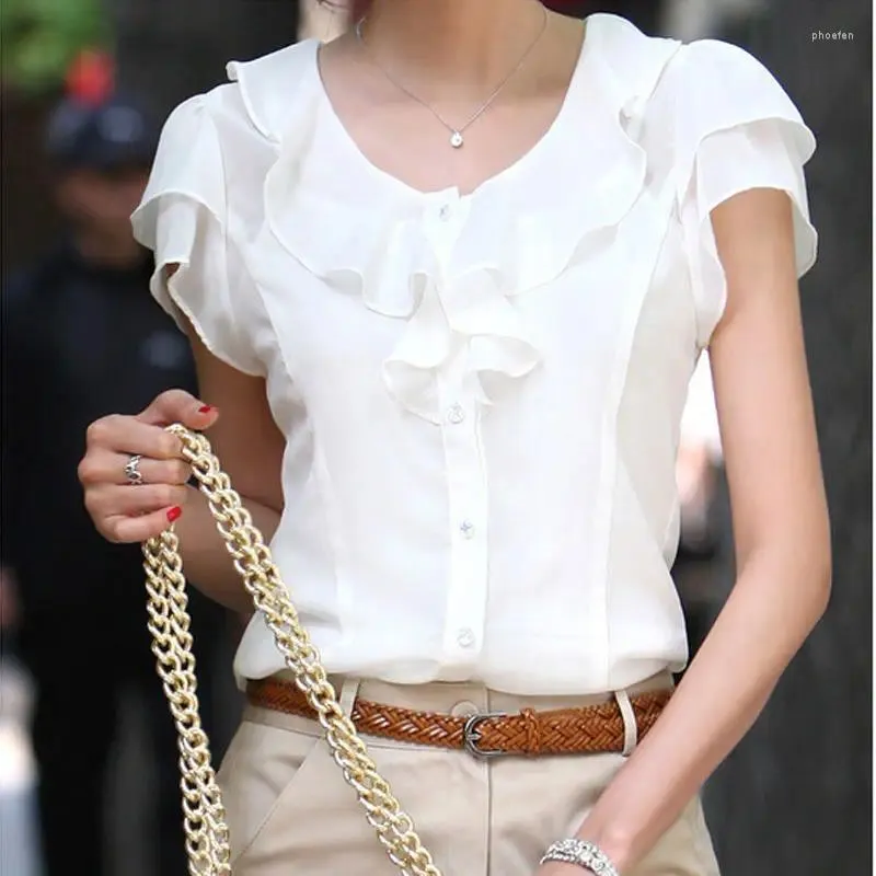 Blusas de mujer Camisa delgada blanca con volantes de verano Tops Cuello redondo Manga corta Blusa que combina con todo Oficina Moda Ropa de mujer elegante