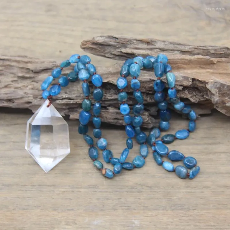 Pendant Necklaces Natural Crystal Double Point Pendants Yoga Necklace Blue Apatite Nugget Chip Beads Knotted Handmade Women Mala Jewelry