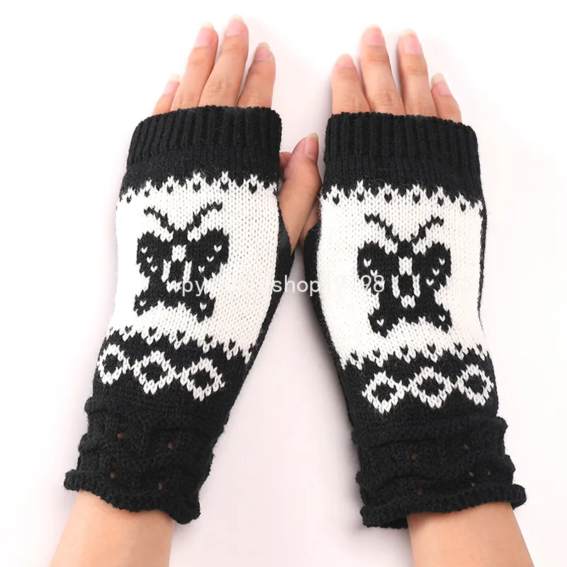 Fashion Fingerless Knitted Gloves for Women Girls Butterfly Half-finger Cycling Warm Gloves Mittens Winter Arm Sleeve