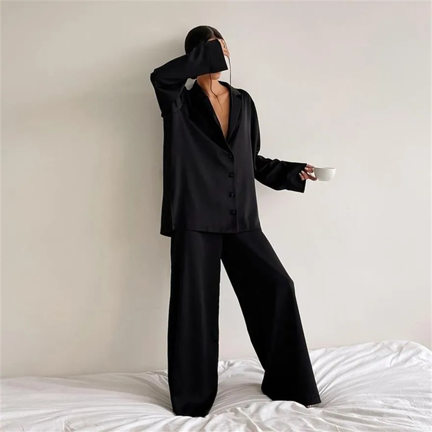 Mulheres sleepwear hiloc oversized cetim seda sleepwear baixo corte sexy pijamas para mulher singlebreasted mangas compridas calças de perna larga tr245j