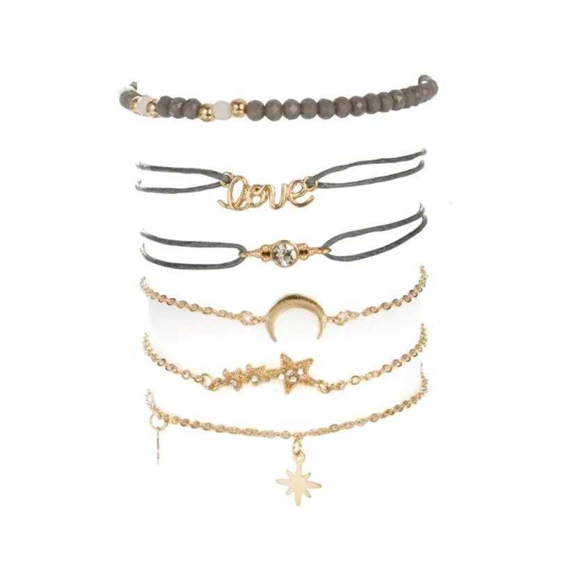 6 Stück Mode einfache Liebe fünfzackiger Stern Mond Kombination Naturstein Kette Perlenarmband Set handgemachte böhmische verstellbare Seil276p